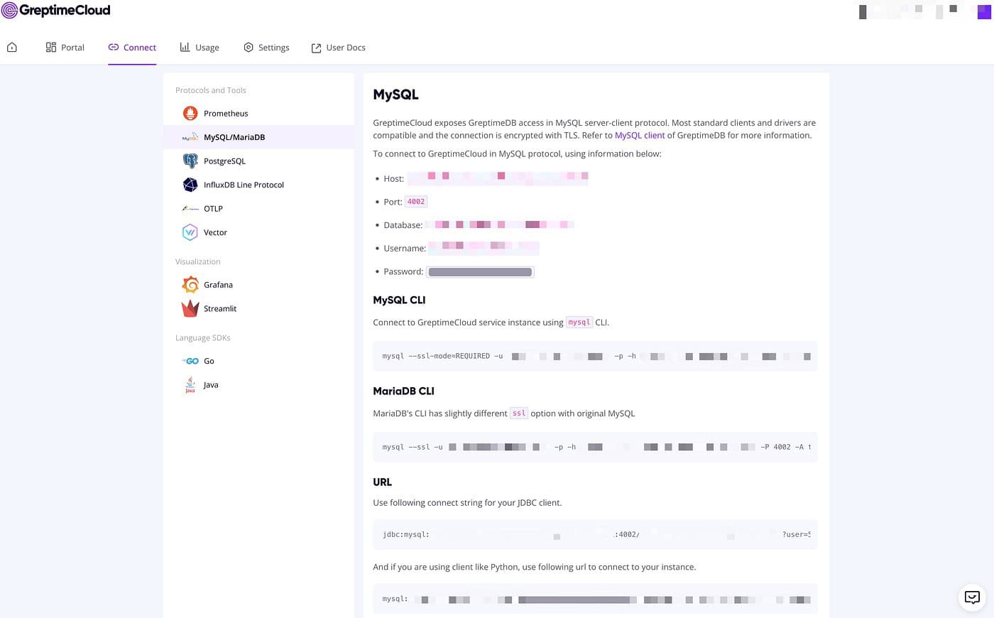 Screenshot showing MySQL page on Greptime Cloud