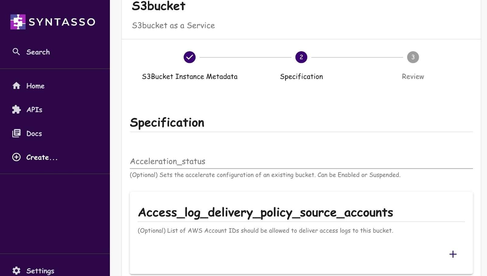 Screenshot showing Sytasso page -> S3bucket specification