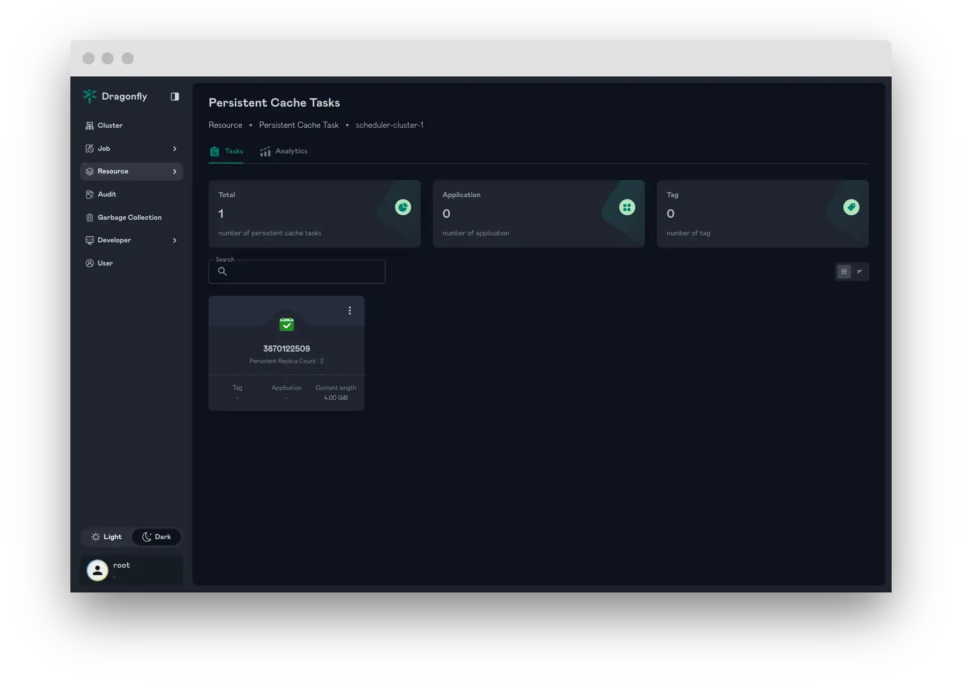 Screenshot showing Dragonfly resources page, persistent cache tasks