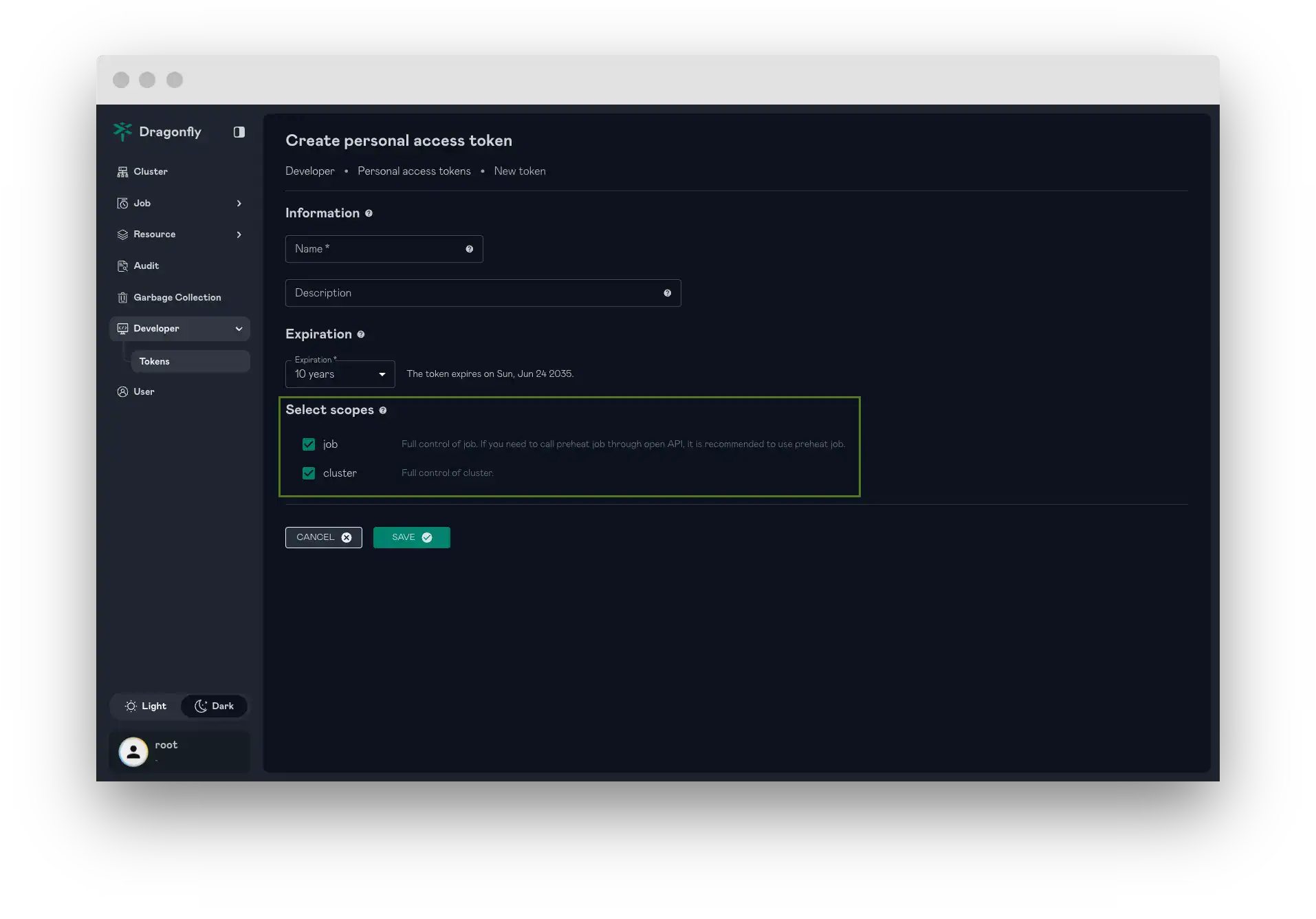 Screenshot showing Dragonfly resources page, task clear