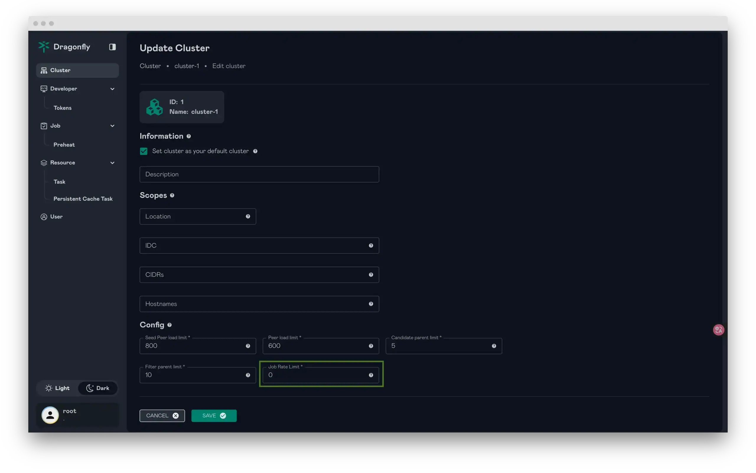 Screenshot showing Dragonfly cluster page, update cluster