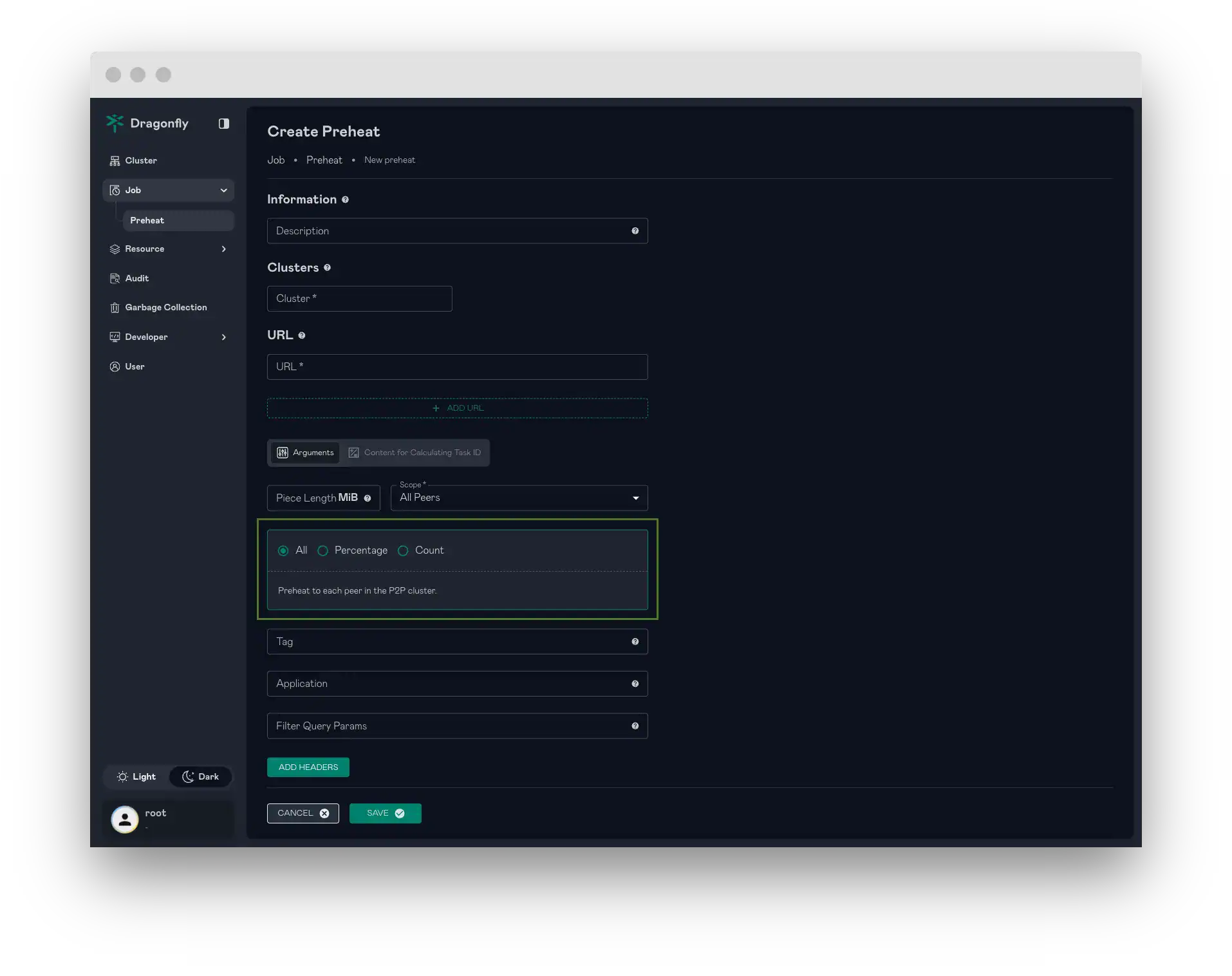 Screenshot showing Dragonfly job page, create preheat. Highlighted on All, Percentage, or Count