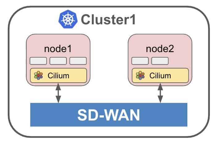 Figure 2: Single-cluster scenario: An SD-WAN fabric interconnects geographically distributed nodes of a single Kubernetes cluster.