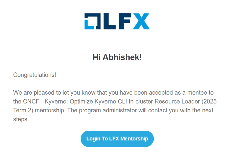 LFX Mentorship acceptance email