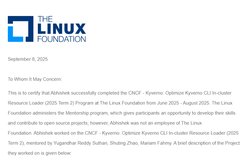 LFX Mentorship completion email.