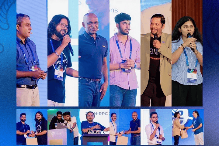 A photo complication image of six of the presenters onstage at KCD Sri Lanka 2025, featuring a bottom row of six additional images of attendees receiving awards onstage. 