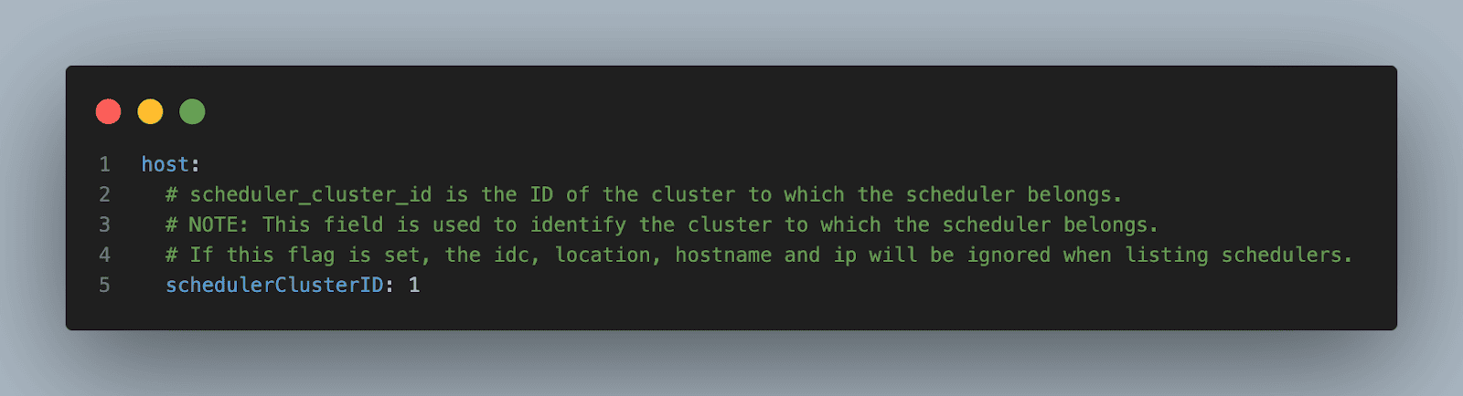 A screenshot of the host scheduler cluster ID process. Showing 5 lines of code.