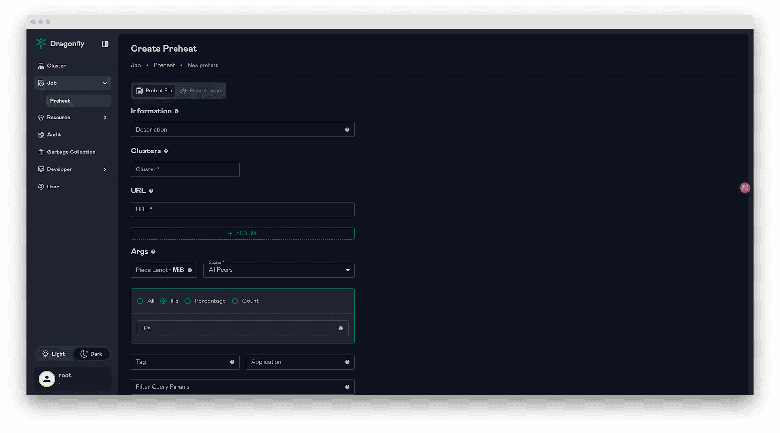 A screenshot of the Dragonfly operating system. It show the form for 'Create Preheat' including fields for information, clusters, url, and Args.