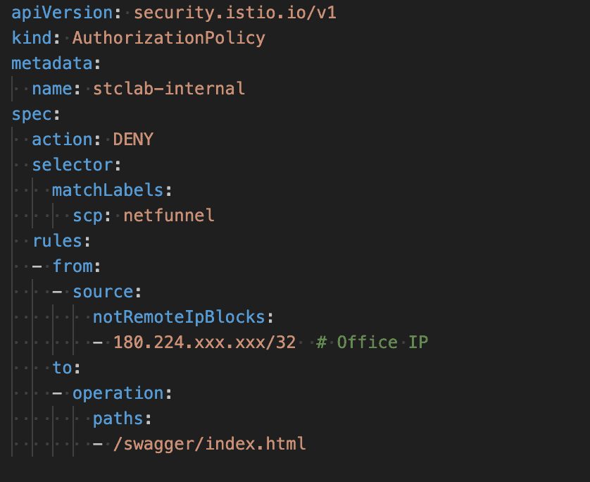 Code snippet detailing the use of AuthorizationPolicy to restrict access to office IPs.