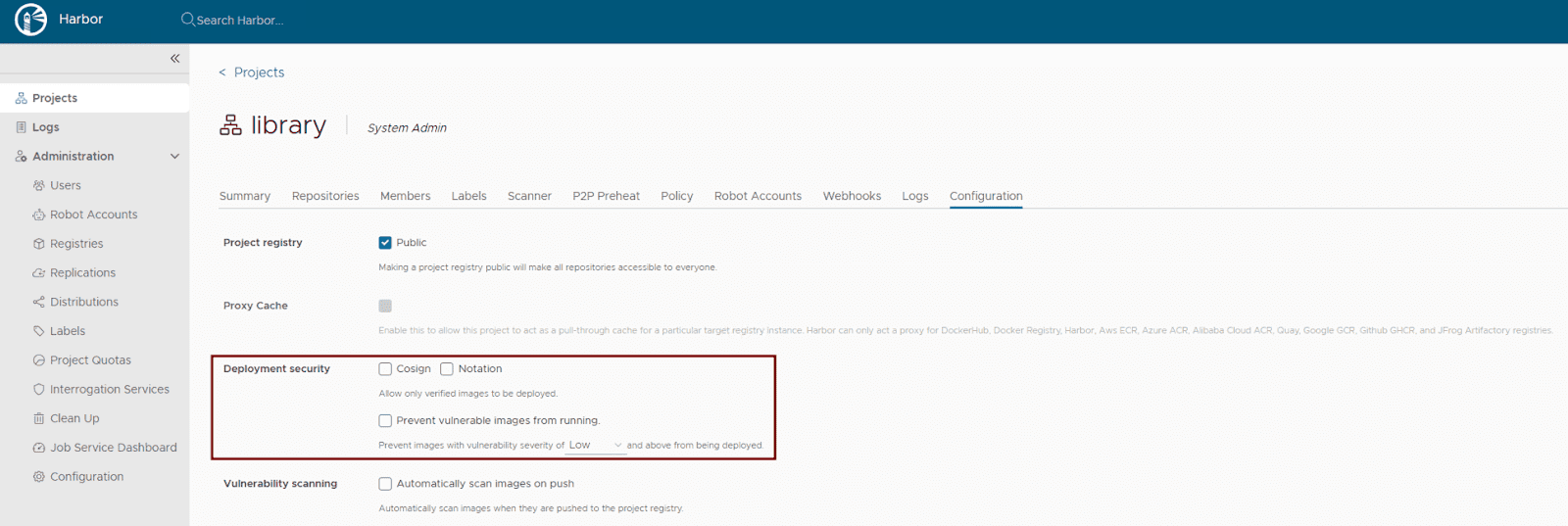 A screenshot of the library panel on the Harbor website from the system admin view. This image shows the project registry information, proxy cache and deployment security panel.