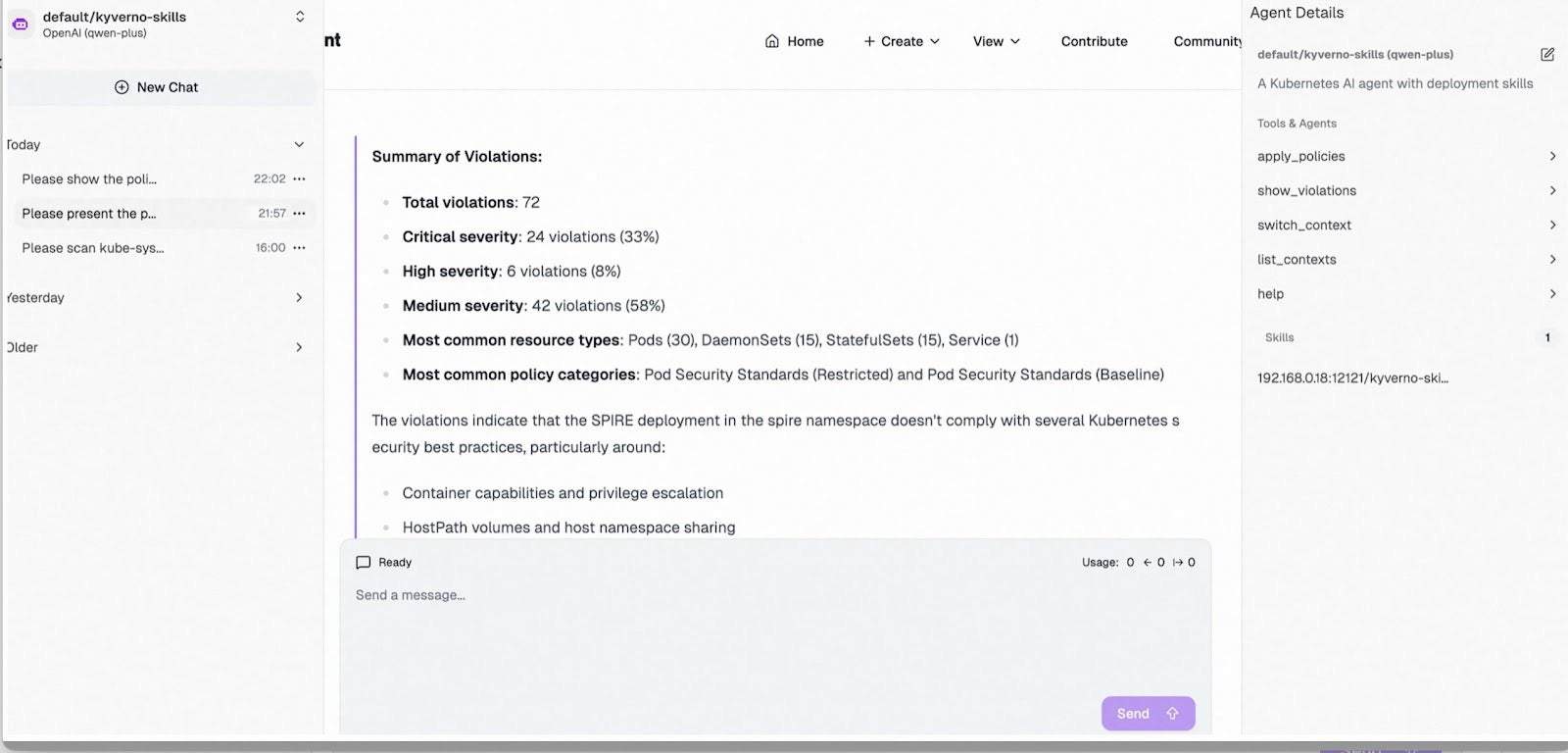 The screenshot illustrates a Kyverno Agent instance deployed in the cluster. Integrated with Tools from kyverno-mcp, it supports context loading and switching across multi-cluster environments and enables policy governance inspection via the kyverno CLI for rapid security and compliance risk detection. 