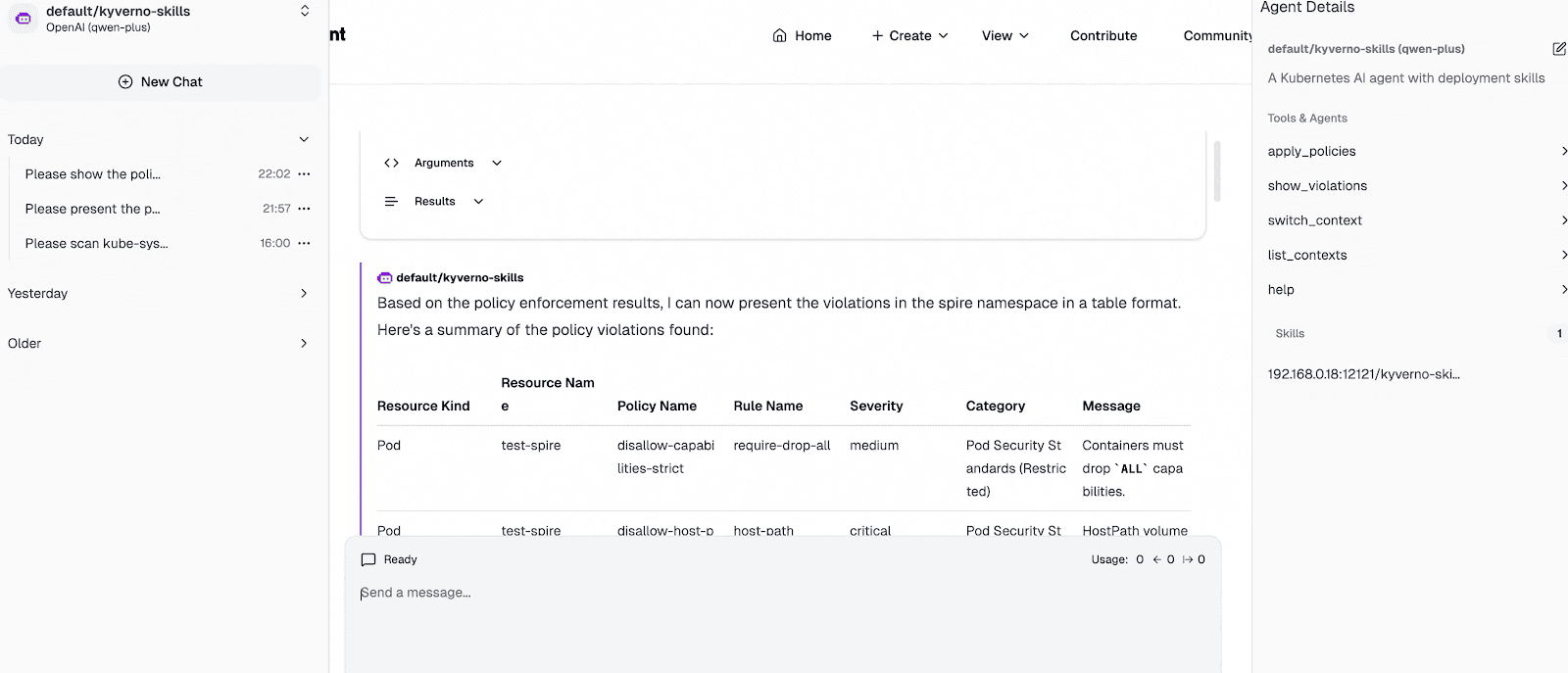 The screenshot illustrates a Kyverno Agent instance deployed in the cluster. Integrated with Tools from kyverno-mcp, it supports context loading and switching across multi-cluster environments and enables policy governance inspection via the kyverno CLI for rapid security and compliance risk detection. 