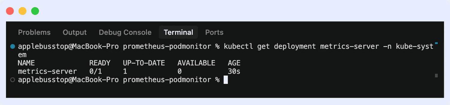 Screenshot of the terminal running with available pods.