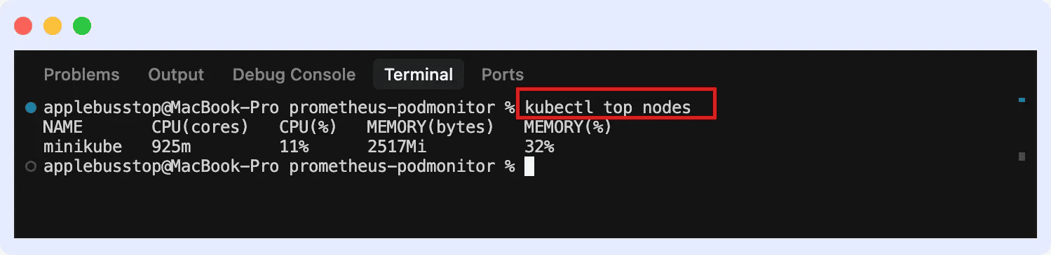 Screenshot of the terminal highlighting kubectl top nodes.