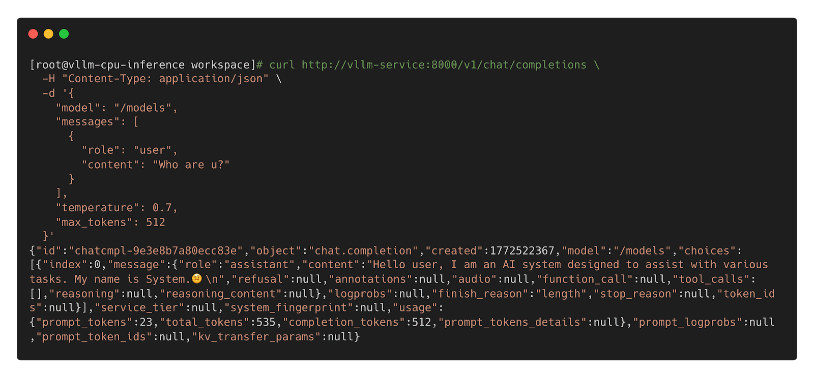 Screenshot of computer terminal showing 'Call Inference Workload.'