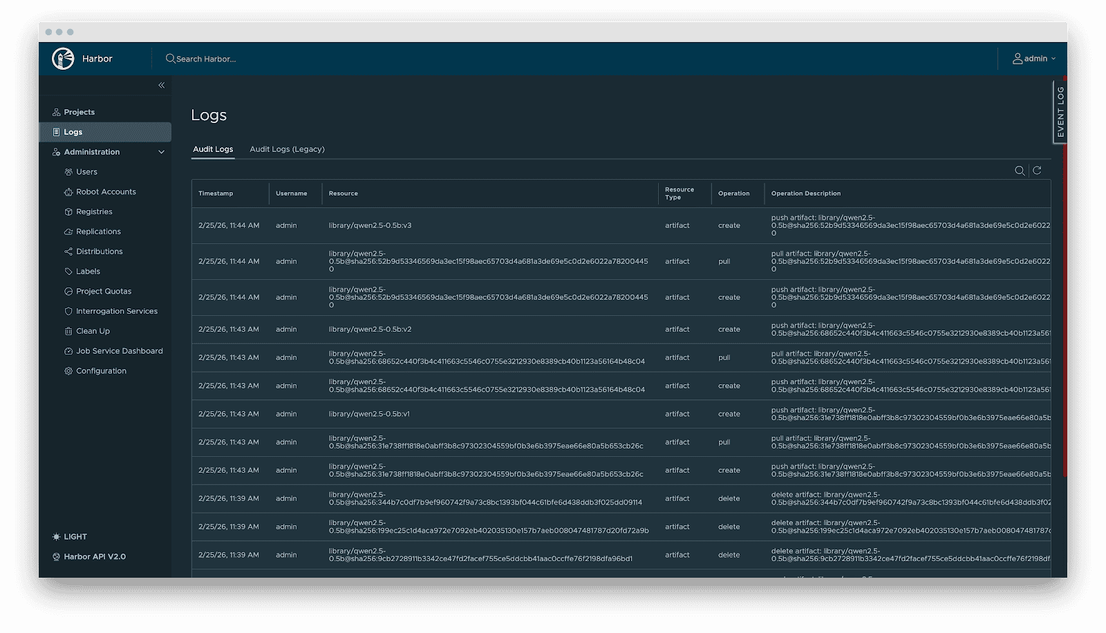 Screenshot of Harbor terminal and audit logs.
