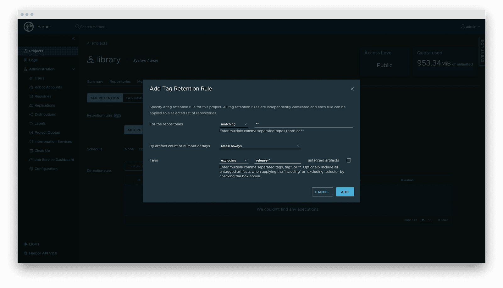 Screenshot of Add Tag Retention Rule