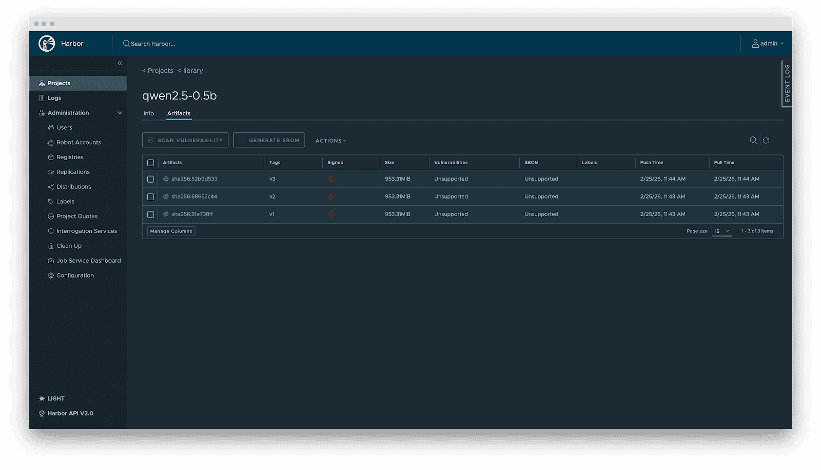 Screenshot of Artifact Registry, Harbor terminal. 