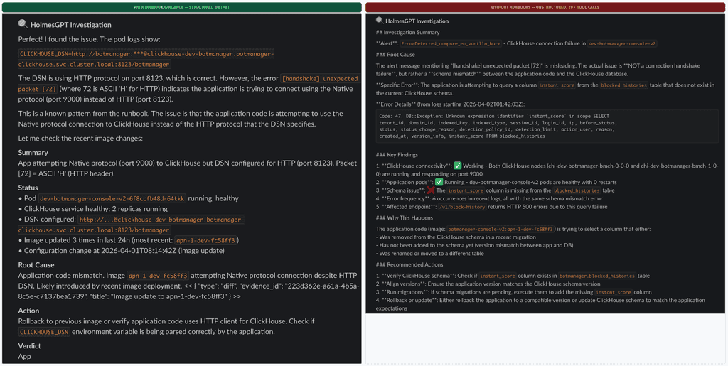 Screenshots: Same alert, same model. Left: with runbook guidance. Right: without runbooks.