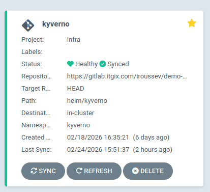 Screenshot of the Kyverno cluster showing a healthy synced status. 
