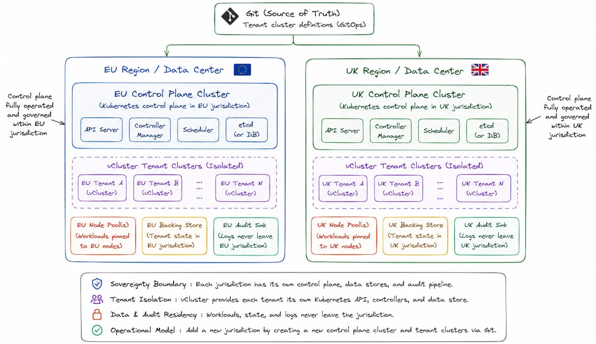 A sketch flow chart showing the EU region/data center clusters and UK region/ data center clusters 
