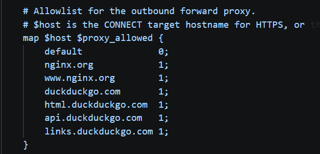 Image: NGINX config map blocking all but nginx.org and duckduckgo.com