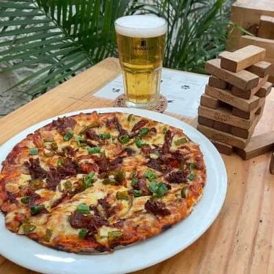 A google photo image of food and beer.