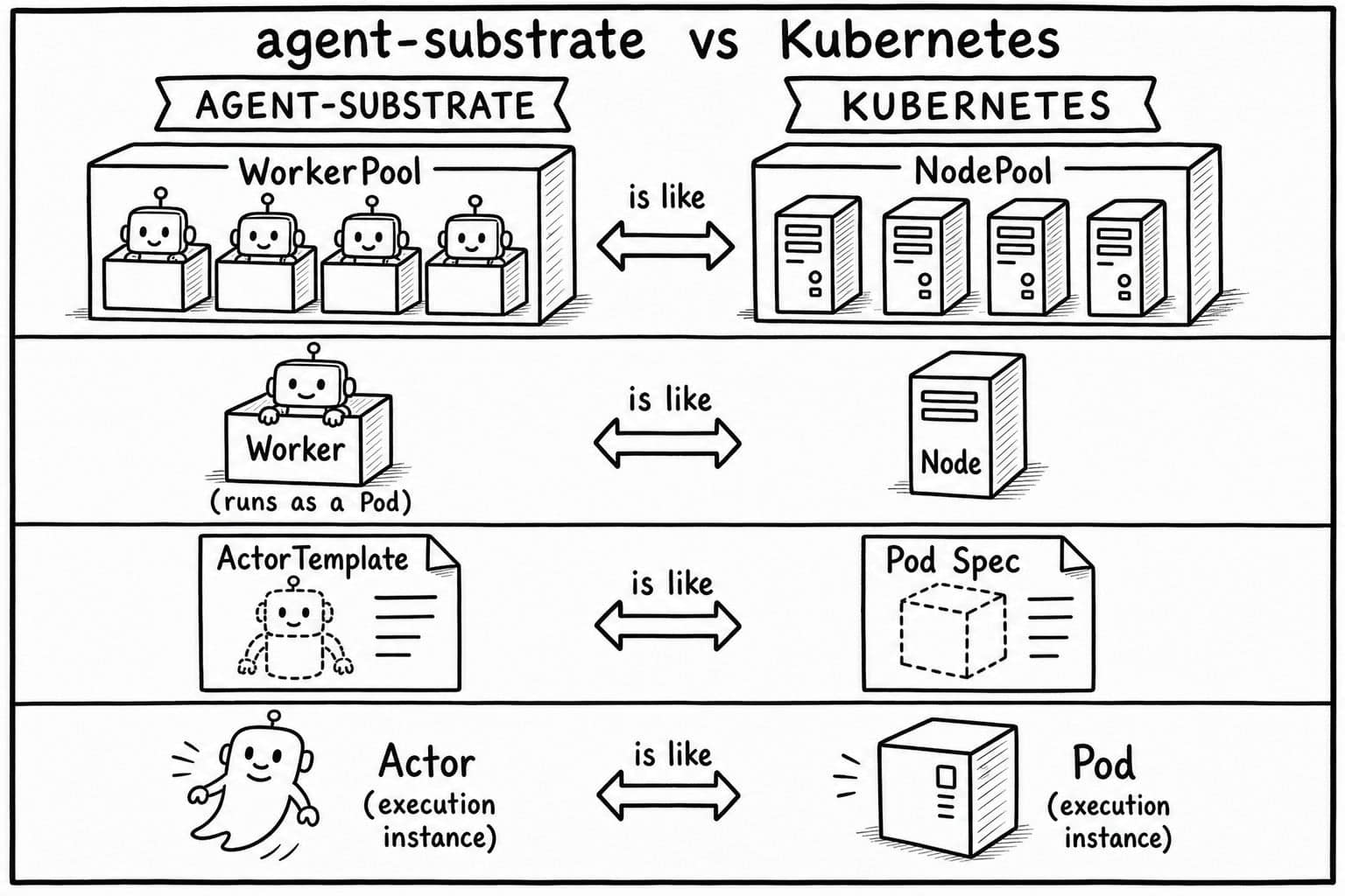 Comic Graphic: Workers analogous to Nodes: ActorTemplates correspond to the declarative specification of a Pod