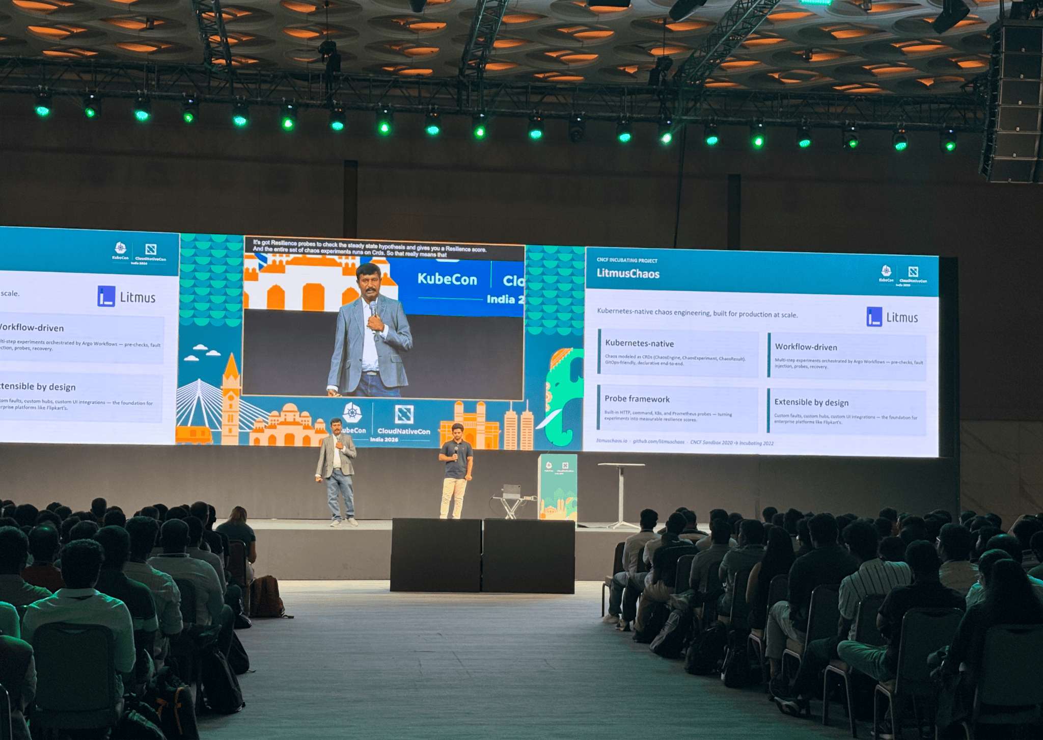 Flipkart's winning keynote being delivered onstage at KubeCon + CloudNativeCon India 2026