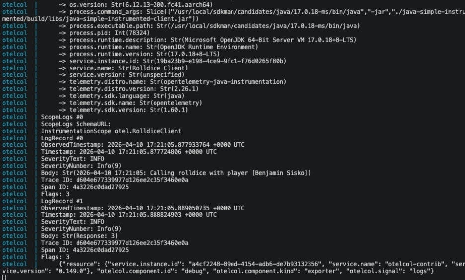 Graphic: Telemetry output using the OpenTelemetry Collector’s Debug Exporter