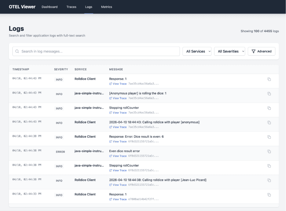 Graphic: OTel Front logs view