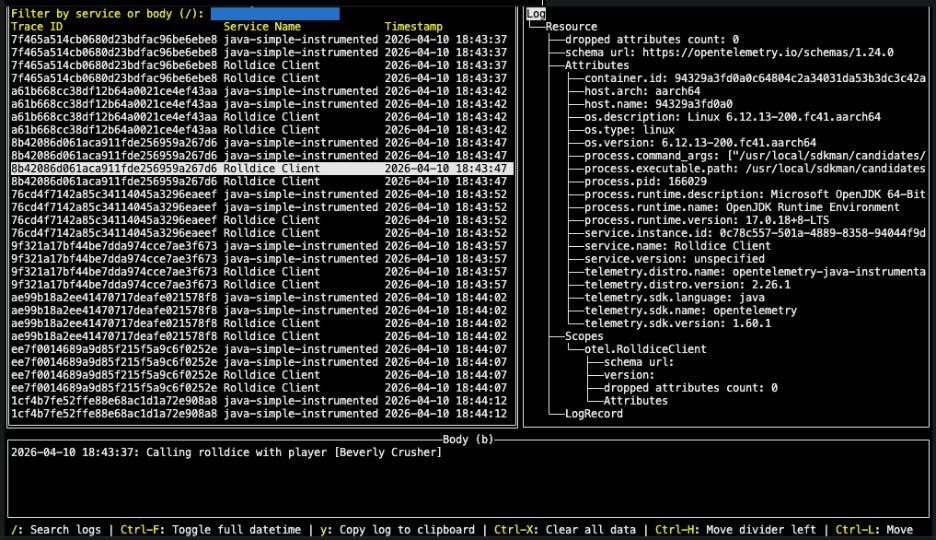 Graphic: otel-tui logs view