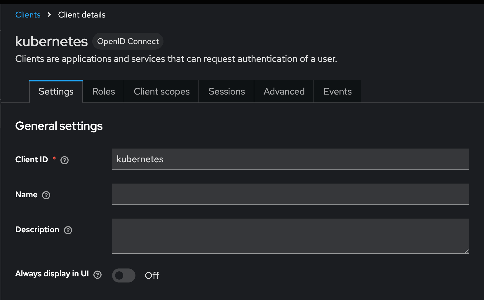Figure 2: General settings: the Kubernetes client, registered as OpenID Connect
