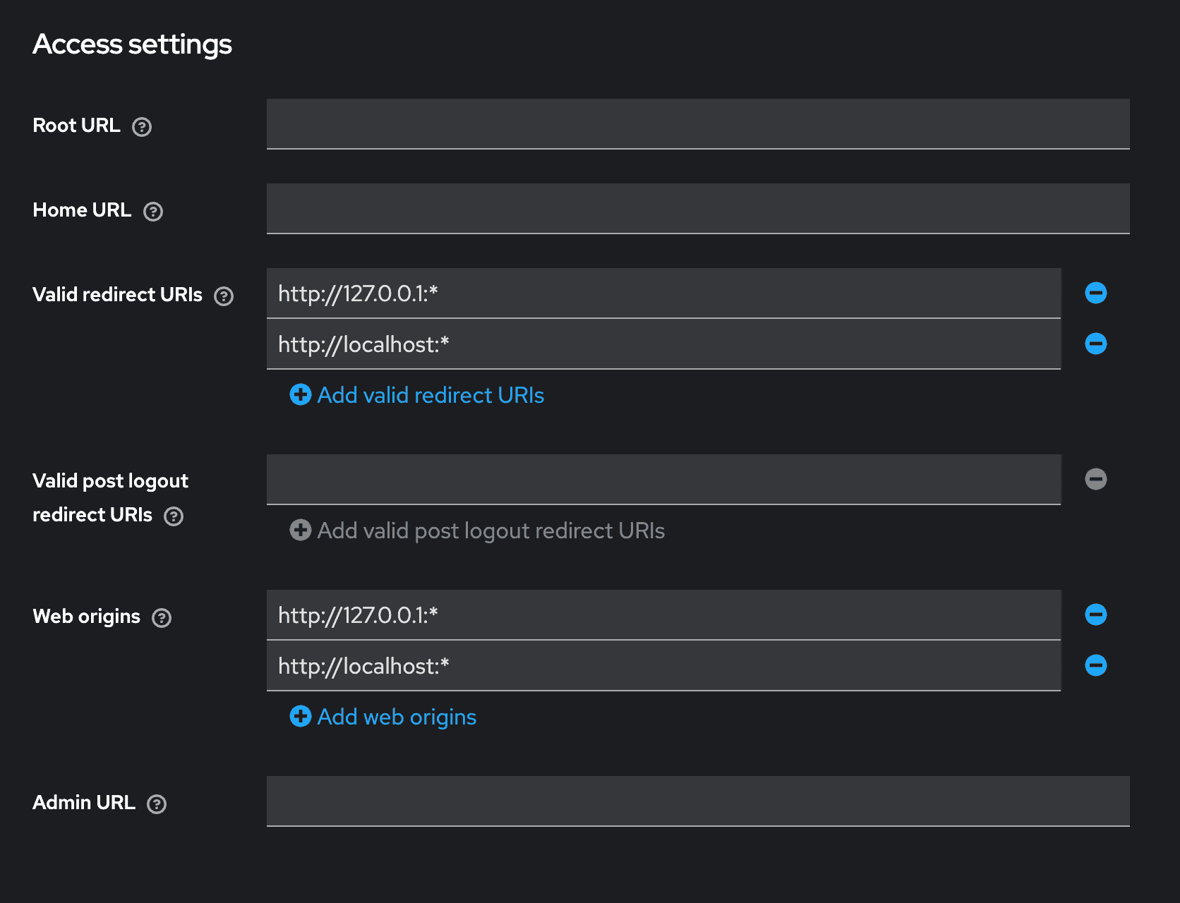 Figure 3: Access settings: redirect URIs and web origins locked to loopback only