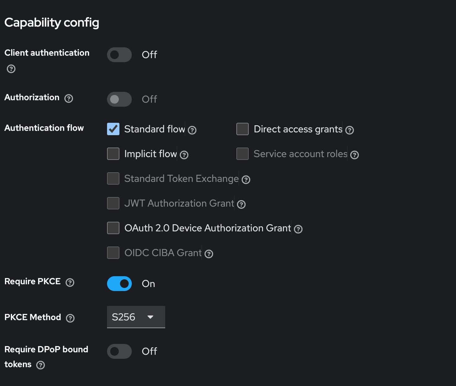 Figure 4: Capability config: Client authentication Off, Standard flow, Require PKCE On (S256)