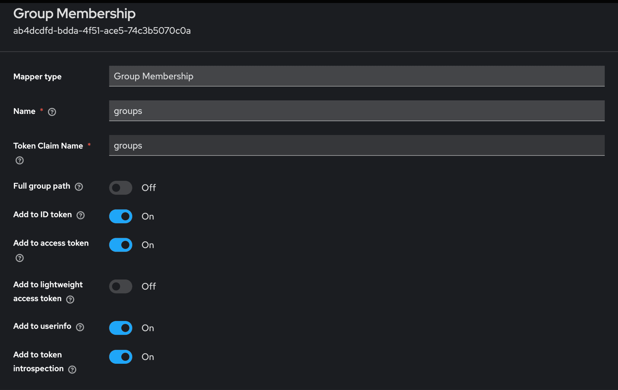 Figure 5: Group Membership mapper on the realm-level 'groups' client scope: Token Claim Name 'groups', Add to ID token On