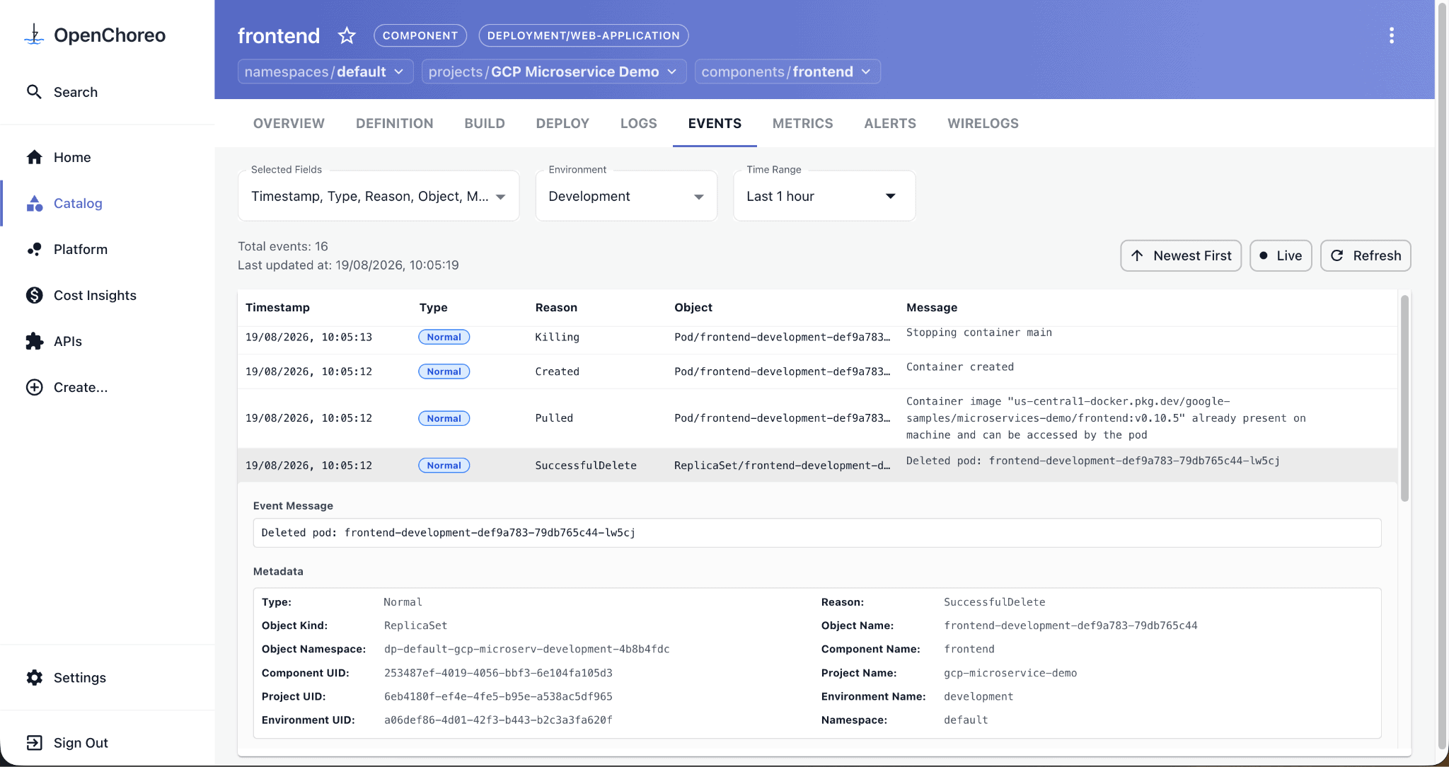 Figure 5: Kubernetes events for a component in the OpenChoreo portal, with OpenChoreo metadata attached to each event.